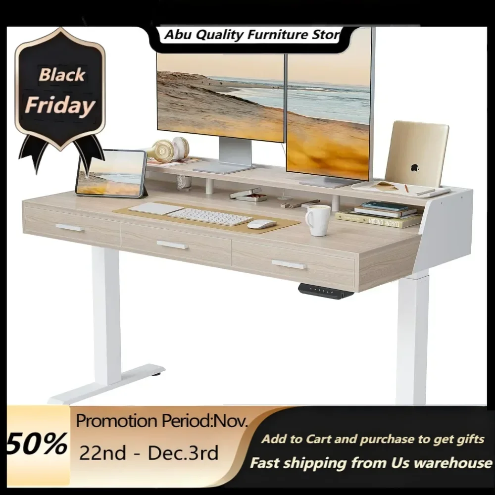 Electric Standing Desk with Drawers,55x26 Inch Standing Desk Adjustable Height, Stand Up Desk with Monitor Shelf, Sit Stand Home