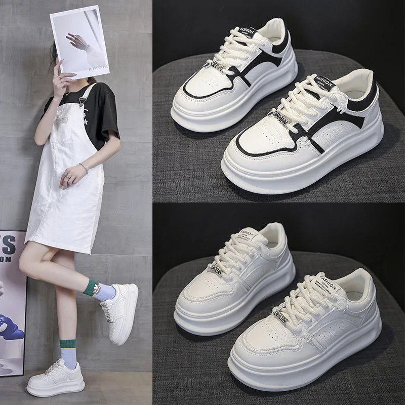 

2025New Spring and Autumn Thick-Soled Platform Casual Sports Shoes for Petite Women, Solid Color White Shoes, Student Sneakers