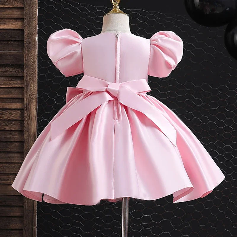 Vestido de princesa de cetim fofo para bebês, vestido de baile, manga puff, arco grande, roupas sólidas, festa de aniversário, criança