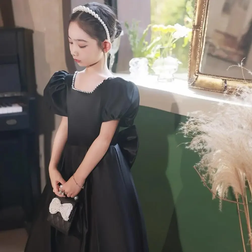 

Black Long Dress Square Neck Girl Dresses Performance Clothing Elegant Kids Clothes High-Grade Gala Dress for Young Girls