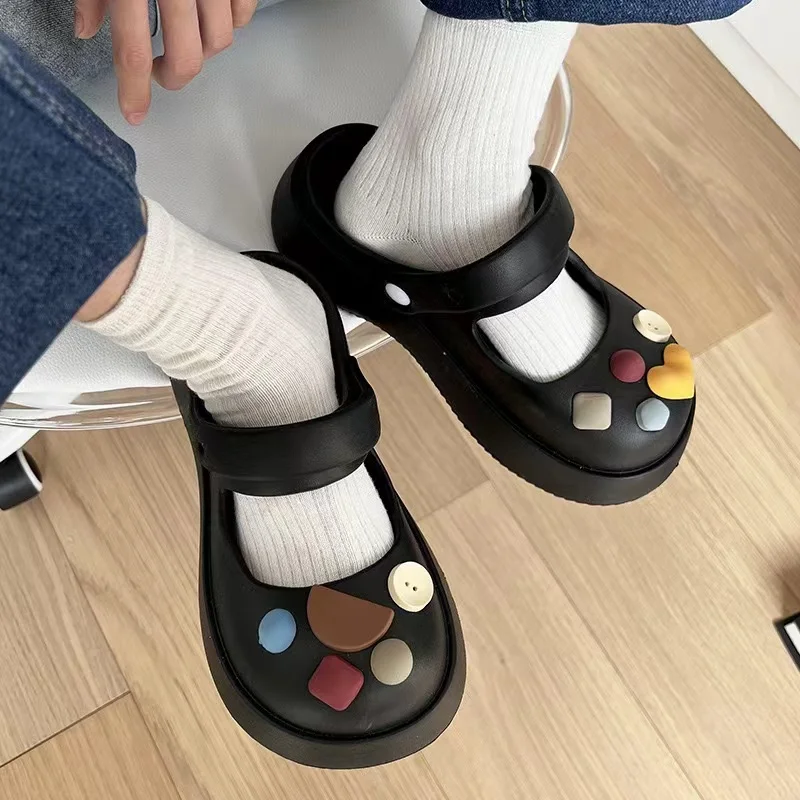 New Mary Jane Hole Shoes Women's Cartoon DIY Sandals Summer Anti slip Thick Sole Two Wears Baotou Outer Wear EVA Shoes