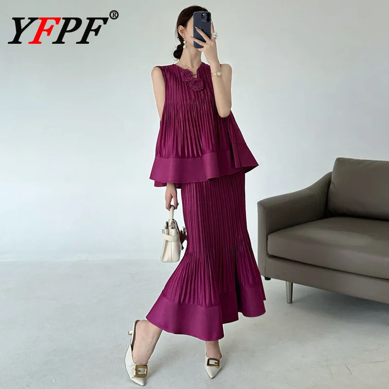 

YFPF Miyake Pleated Women 2 Piece Set Fashion Sleeveless 3D Floral Spliced Blouse + Folds A Line Skirt Elegant 2025 New 3A453