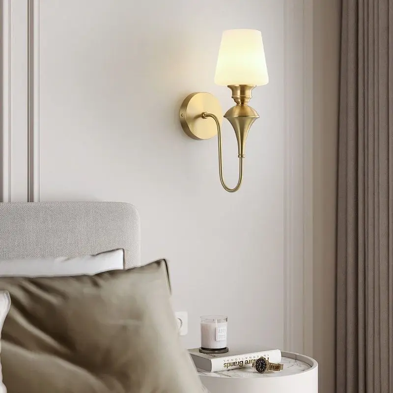 

Copper wall lamp simple European living room single/double head fabric wall light for home bedroom bedside interior decoration