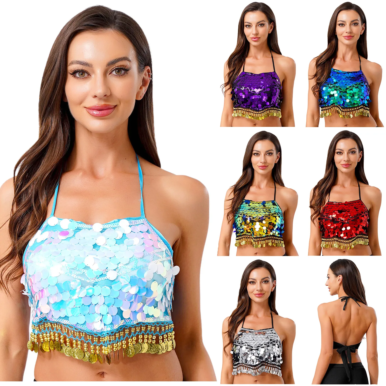 Vrouwen Buikdans Sequin Fringe Top Backless Lace-up Halter Bh Dancewear Buikdans Dans Crop Tops Dansen Prestaties kostuum