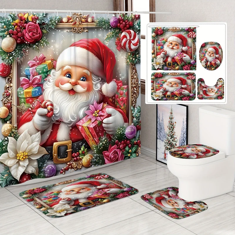 [OpenJIT] 1/4pcs Christmas Winter Set Santa Floral Candy Cane Gift Cute Red Green Shower Curtain Polyester Washab