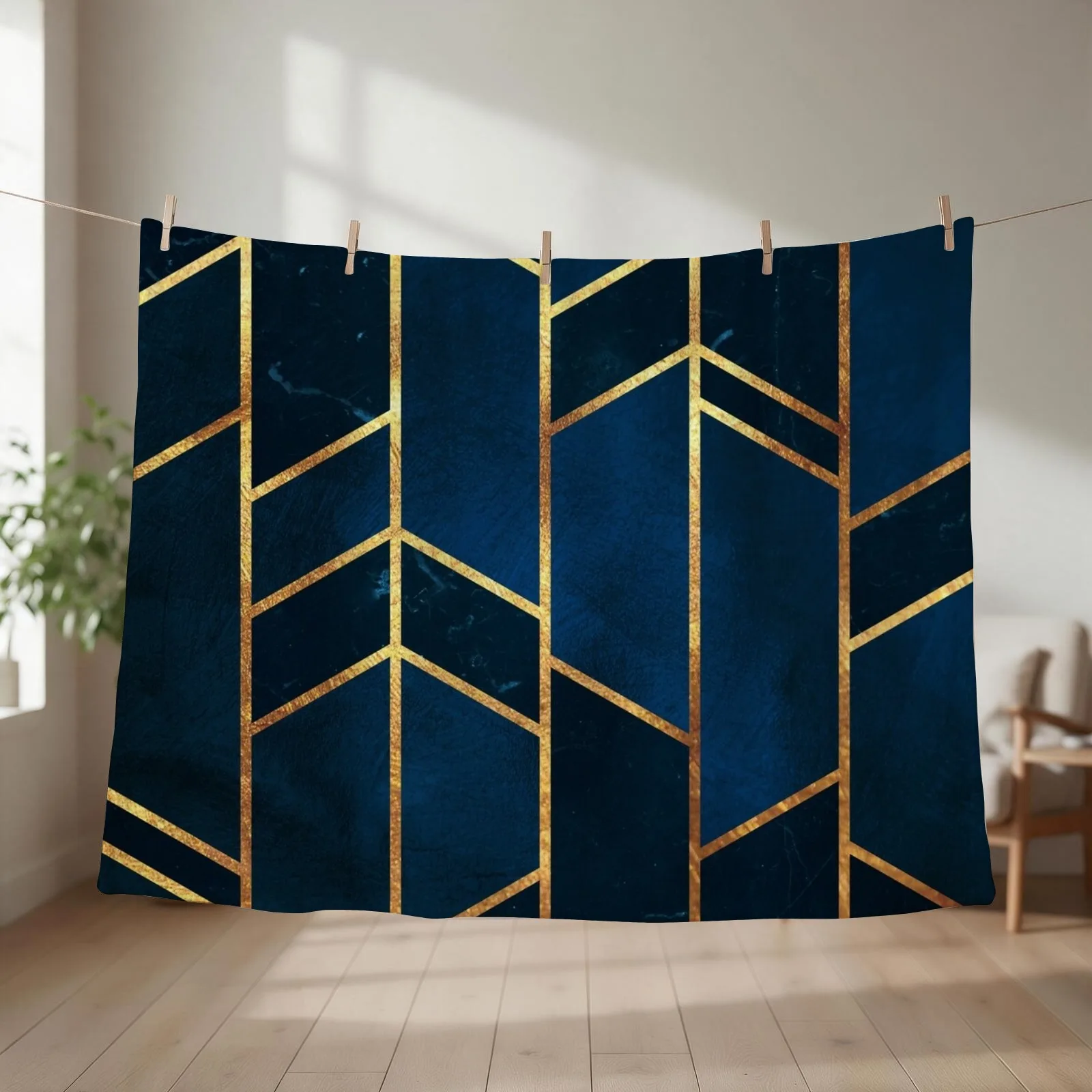 Navy Gold Stone Geometric Throw Blanket couch cozy soft plush fuzzy picnic outdoor blanket