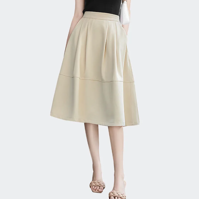 Mid-length Beige Casual Skirt 2024 Autumn New Trendy Womens Elastic Waist A-line Big Swing Skirts With Pockets