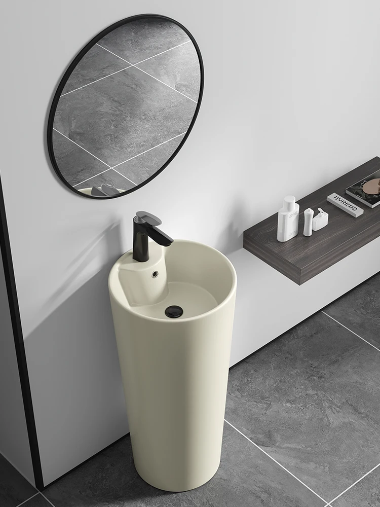 Cream wind column basin integrated floor standing bathroom, homestay small unit outdoor vertical sink ceramic