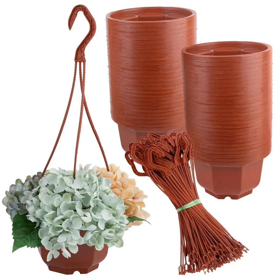 

Набор из 50 пластиковых подвесных горшков для растений, для улицы и дома, с дренажными отверстиями и крючками, коричневые