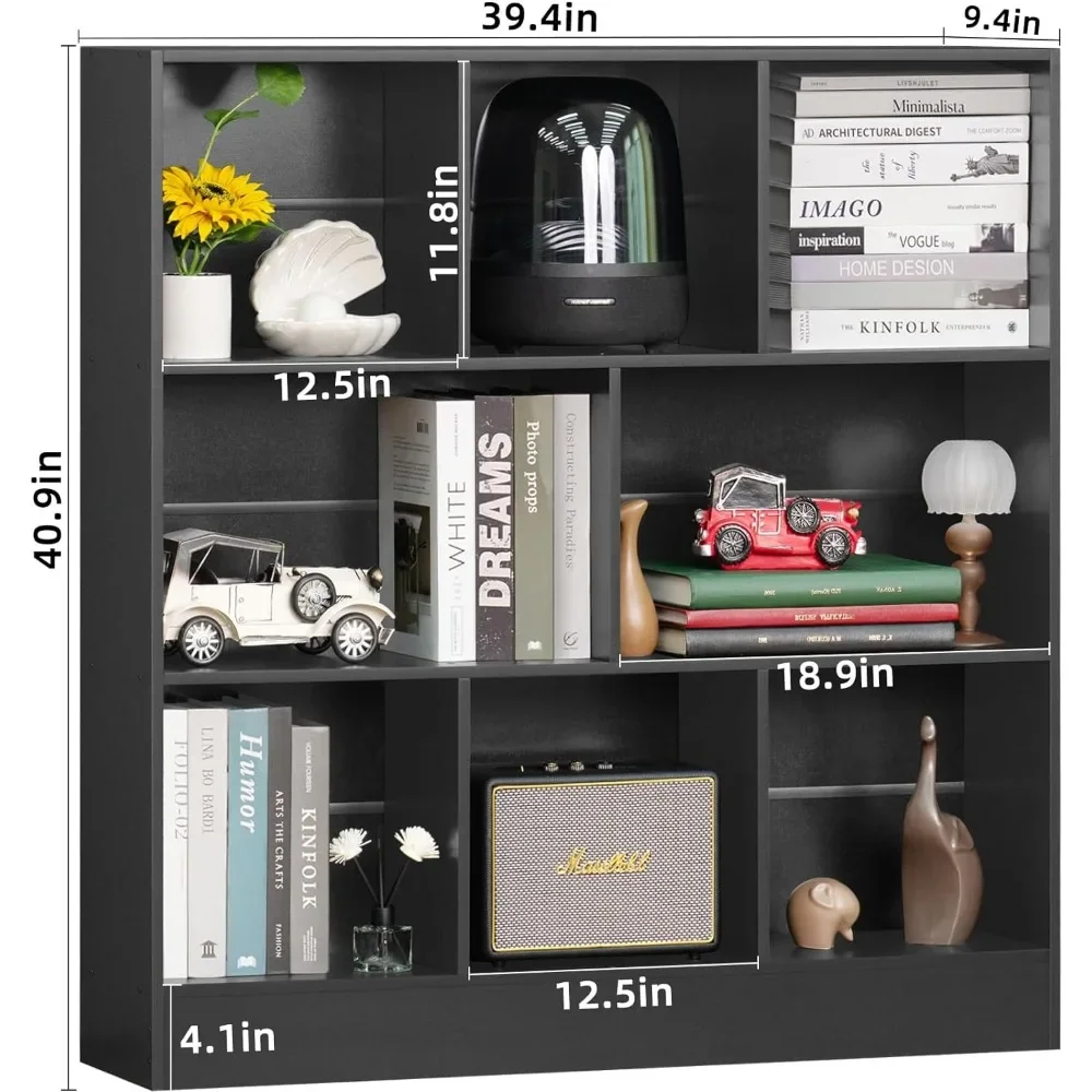 3-tier Modern Horizontal Bookcase Wood Shelving Wooden Low Floor Standing 8 Cube Large Bookcase Organizer Bedroom With Base Room