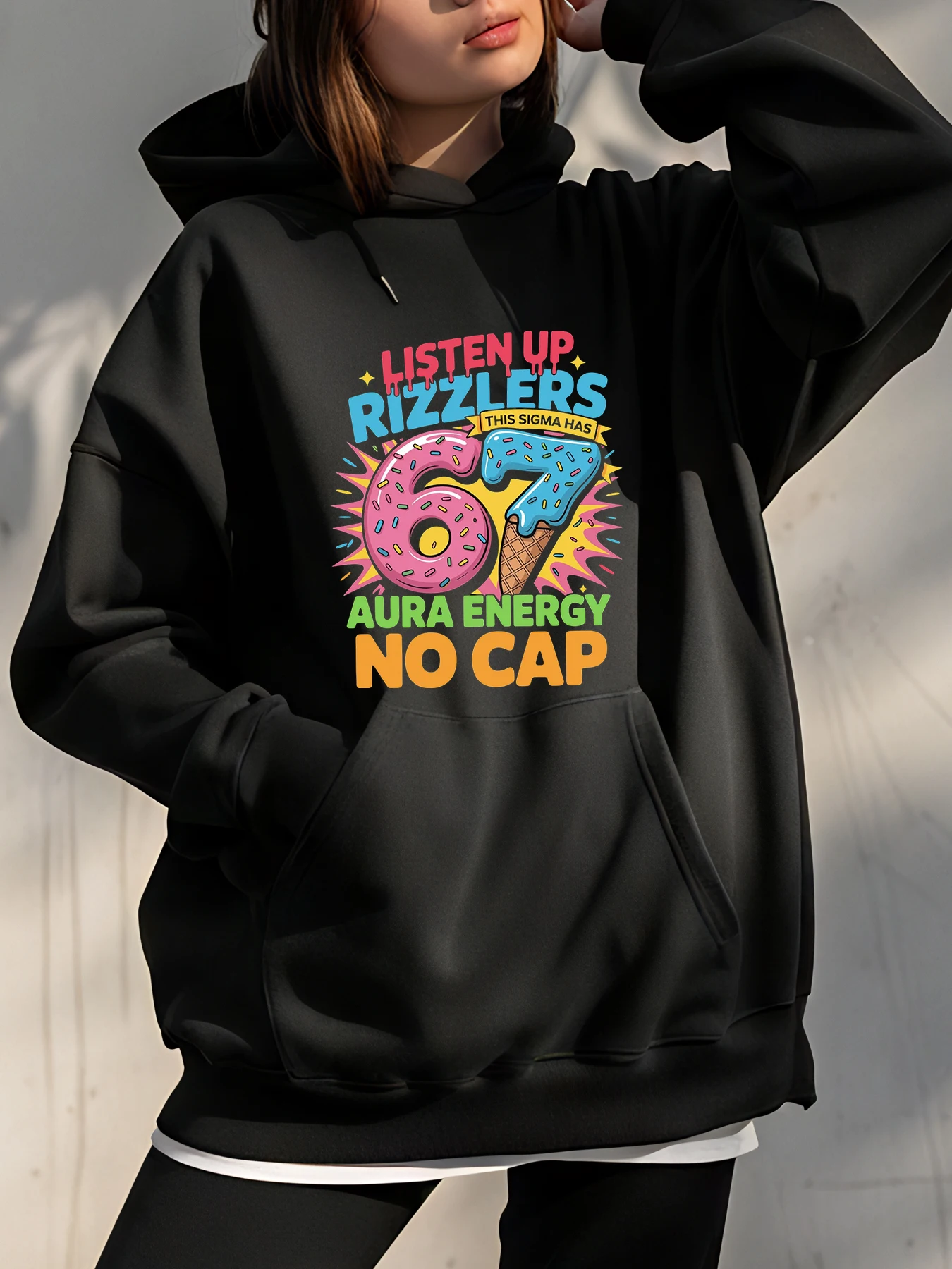 

Hoodie with Rizzlers 67 Aura Energy Print Casual Streetwear Sweatshirt for Women and Men Fashion Hooded Pullover