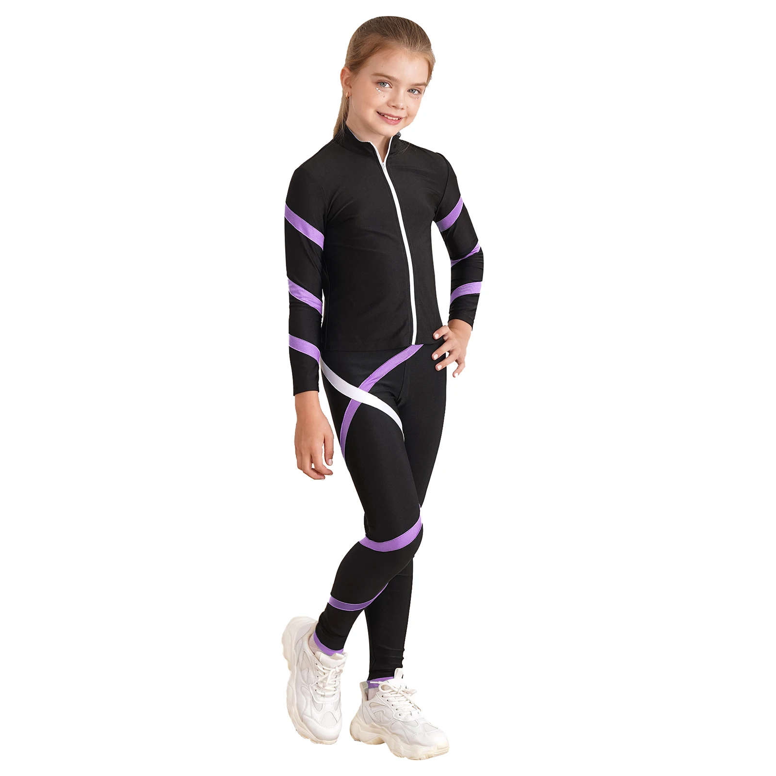 Costume de Patinage Artistique pour Fille, Veste à Manches sulfavec Fermeture Éclair sur le Devant, Pantalon Leggings pour Yoga, Course à Pied, Entraînement de Compétition Professionnelle