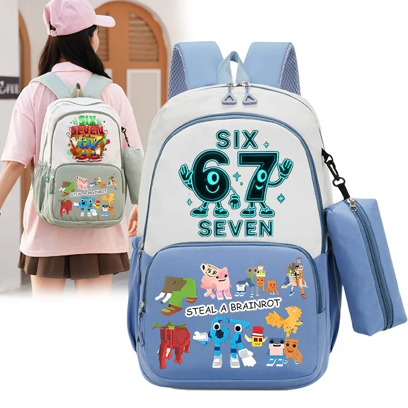 2026 2pcs Steal A Brainrot Backpacks Pencil Case 67 Six Seven Student Cartoon Printed School Bags Boys Backpack Birthday Gifts