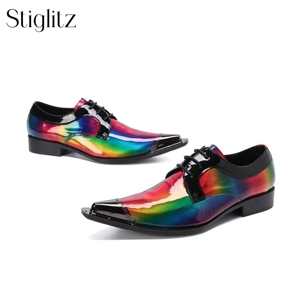 Rainbow Patent Leather Metal Tip Shoes Elegant Fashion Dress Shoes Pointed Toe Lace-Up Leather Shoes Designer Handmade Men Shoes