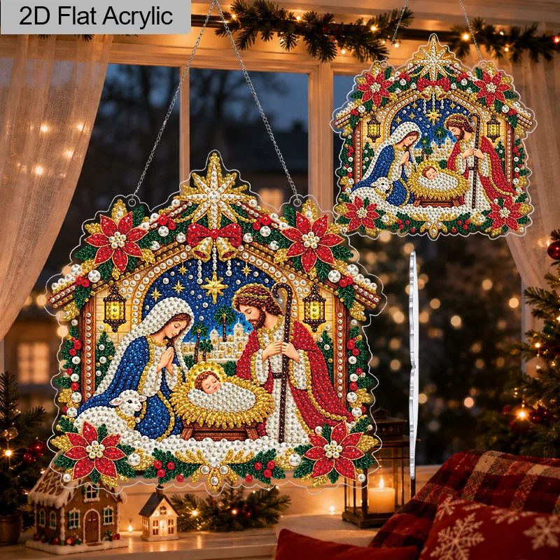 2D Flat Acrylic Christmas Diamond Art Ornaments Kits, Nativity Scene Lace-Edge with Pre-Attached Chain, Mixed-Size Beads DIY