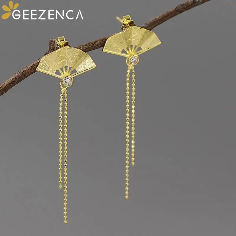 

GEEZENCA 925 Sterling Silver Folding Fan Dangle Tassels Earring For Women Zircon Ethnic Vintage Chinese Style Earrings 2023 New