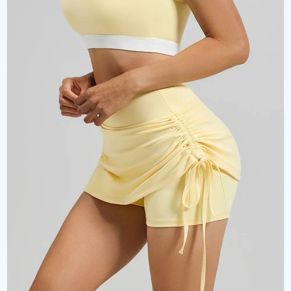Tennisrock mit Hoher Taille, Sportlicher Kurzrock, Einfarbig mit Seitlichem Kordelzug, Yoga-Shorts, Lässige Freizeit-Laufshorts, Golf-Hose – Detail 7