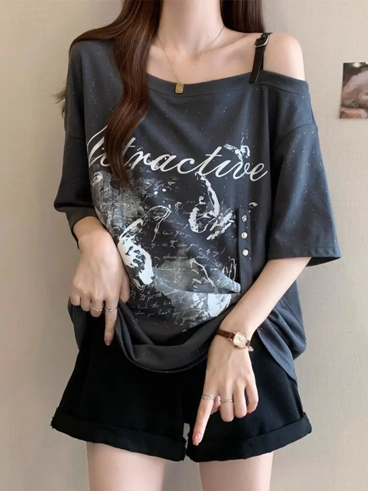 American Retro Dark Gray Letter Sparkle Butterfly Print T-shirt Asymmetric Boat Neck Button Detail Twist Hem Casual Loose Tee