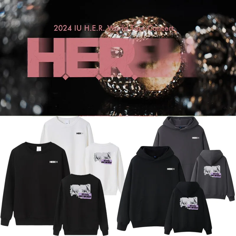 2024 Kpop Singer IU HER World Tour Graphic Hoodie High Street Fashion Trend Hooded Sweatshirt Casual Comfort Oversized Pullovers