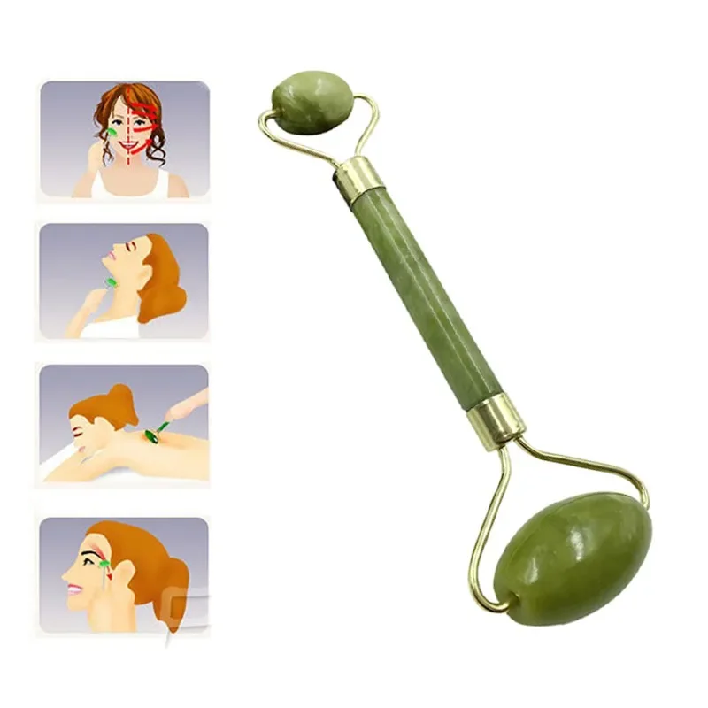 2 in 1 Natural Facial Massager Double Head Facial Roller for Face Care and Gua Sha Massage Tool Anti-aging Natural Jade Set