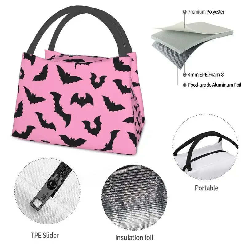 Pastel Goth Pink Black Bats Portable Lunch Box for Women Leakproof Halloween Witch Thermal Cooler Food Insulated Lunch Bag