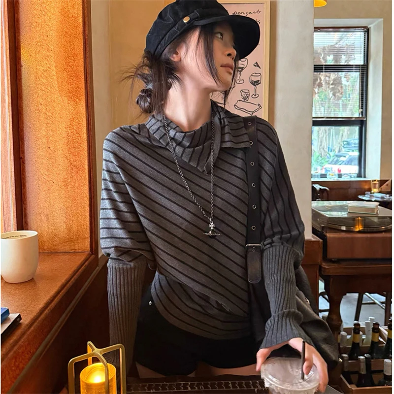 เสื้อสเวตเตอร์ไหมพรมแขนยาวทรงหลวม ดีไซน์เกาหลีสุดฮิตปี 2026 ลายทาง คอวี แขนทรงปีกค้างคาว สไตล์โบฮีเมียน สำหรับผู้หญิง สินค้ามาใหม่