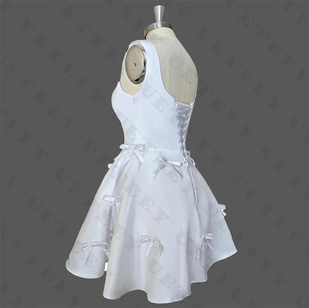 UETEEY Customized Simple Square Neck Bows Satin A Line Mini Wedding Dress Open Back Above Knee Bridal Gown Party Dress