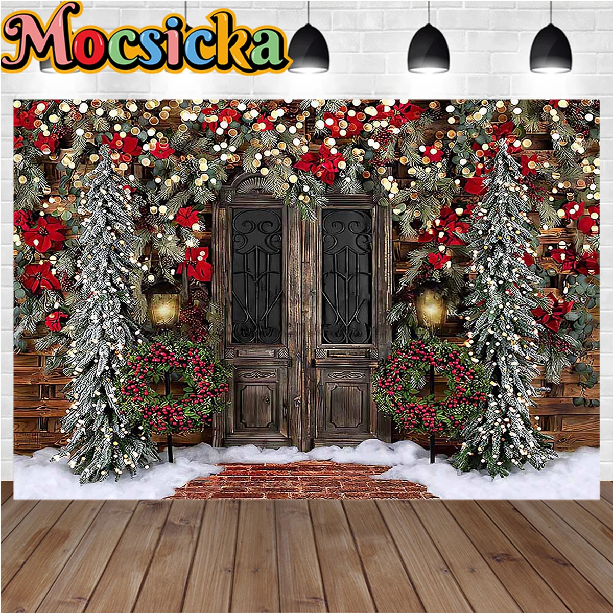 

Winter Bokeh Christmas Tree Decor Backdrop for Studio Photography Retro Wooden Door Wreath Road Background Kids Portrait Photo