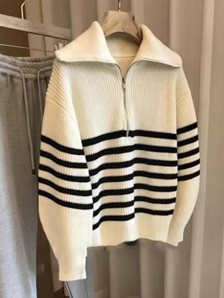 Nova moda listrado pullovers de malha blusas femininas outono inverno manga longa outwear elegante senhora do escritório roupas de inverno