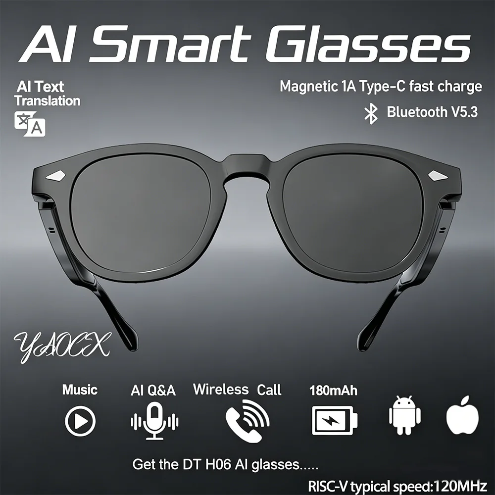 

Smart Glasses with AI Audio BT Call 3D Music AI Translation Bluetooth 5.3 180mAh Long Standby Fashion Sunglasses for Men Women
