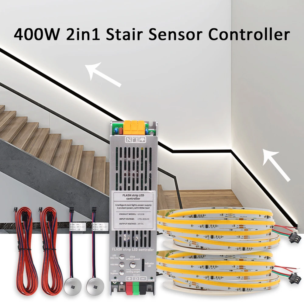 

24V 400W 2in1 Stair Light Controller Kit 5M 10M 15M COB Running Water Flow Strips PIR Motion Sensor Staircase Lighting Controler