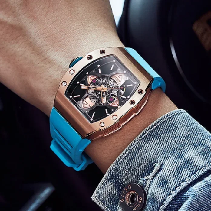 HANBORO Men Automatic Watch 50mm Tonneau Case Mechanical Wristwatch Luminous 5ATM Skeleton Dial