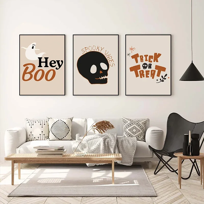 Canvas Painting Cartoon Halloween Pumpkin Spooky Witchy Skeleton Ghost Poster Prints Wall Art Picture for Kids Room Home Decor