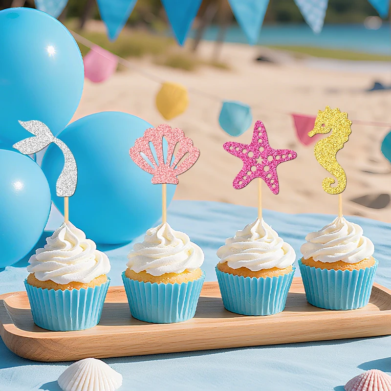 NUBECOM 24 Stück Meerjungfrau-Kuchenaufsätze für Pool- und Strandpartys, Cupcake-Topper, glitzernde Muschel, Seepferdchen, Seestern, Meerjungfrauenschwanz-Kuchen-Picks – Detail 9