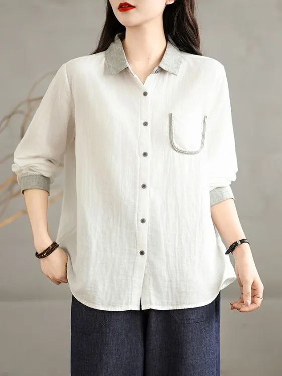 

Loose Fit Cotton Long Sleeve Shirt Spring Summer New Style Single Button Collar Air Conditioning Top for plus Size Women