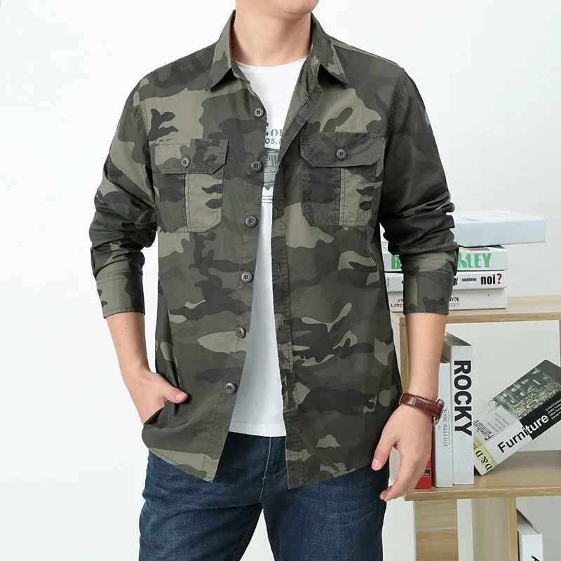 2025 Men\'s Autumn Cotton Shirt Long Sleeve Tooling Loose Outdoor Casual Camouflage Shirt