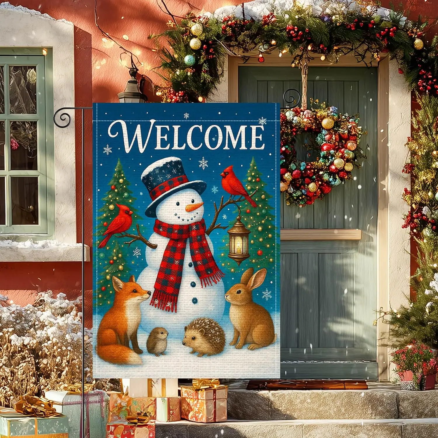 Welcome Snowman Garden Flag Double Sided 12x18 Inch Burlap Winter Garden Flag Snowman with Christmas Tree Seasonal Banner fo PPZ