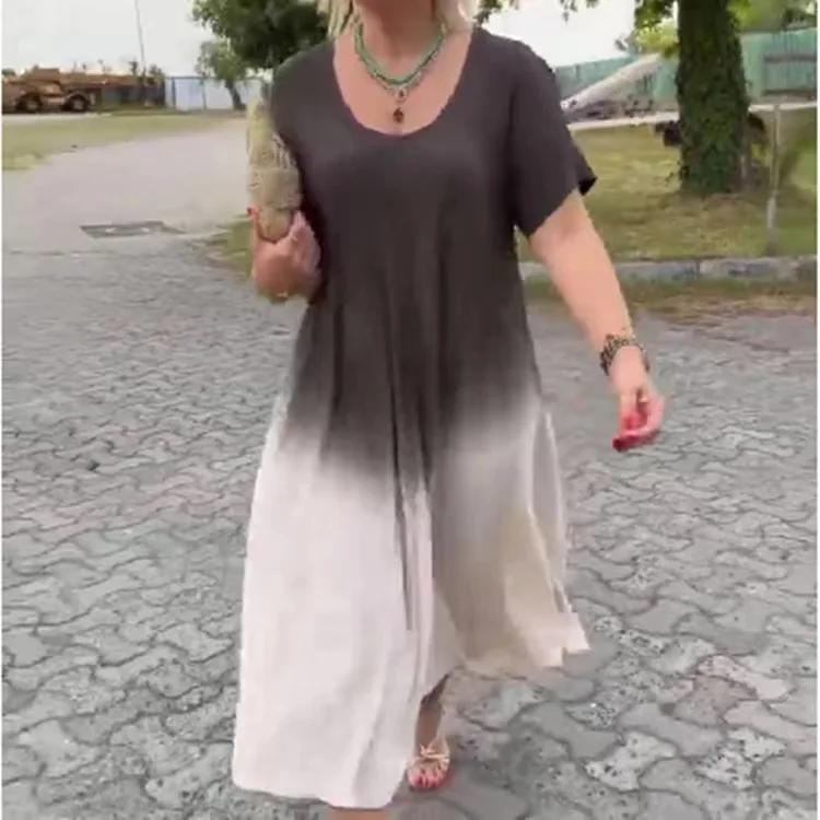 SKMY New Women Clothing Summer Round Neck A-Line Short Sleeve Dress Fashion Gradient Color Mid-Calf Length T-Shirt Dress