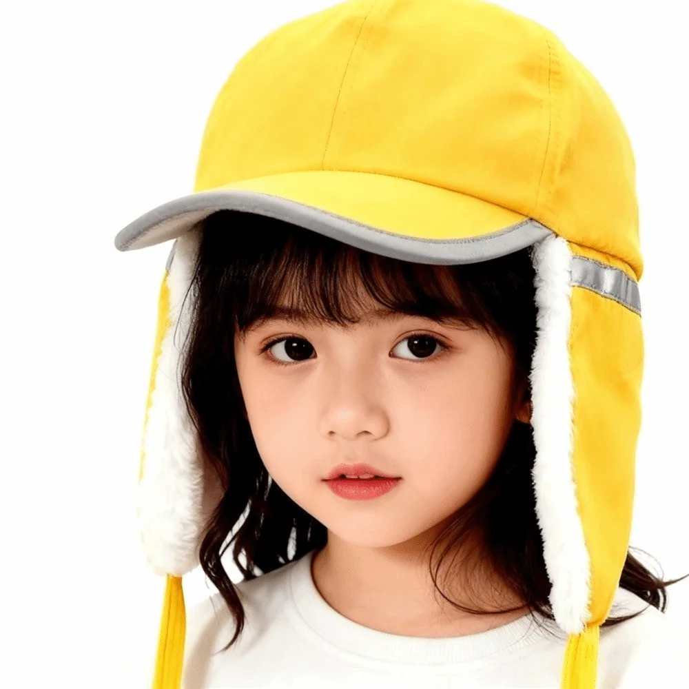 قبعة شتوية للطلاب باللون الأصفر مبطنة بالصوف مادة قطنية دافئة قبعة قطنية لحماية الأذن شرائط عاكسة قبعة حماية الأذن