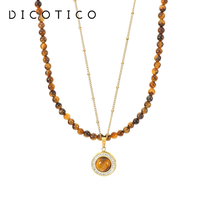 Fashion Women's Versatile Stainless Steel Necklace Tiger Eye Bead Pendant with CZ Surround Morden Elegant Jewelry