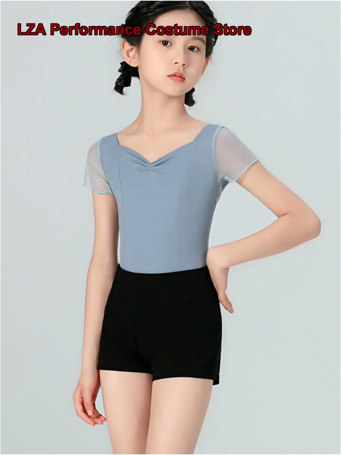 Women's Summer Black V-Neck Short Sleeves One-Piece Dance Dress for Practice Kids