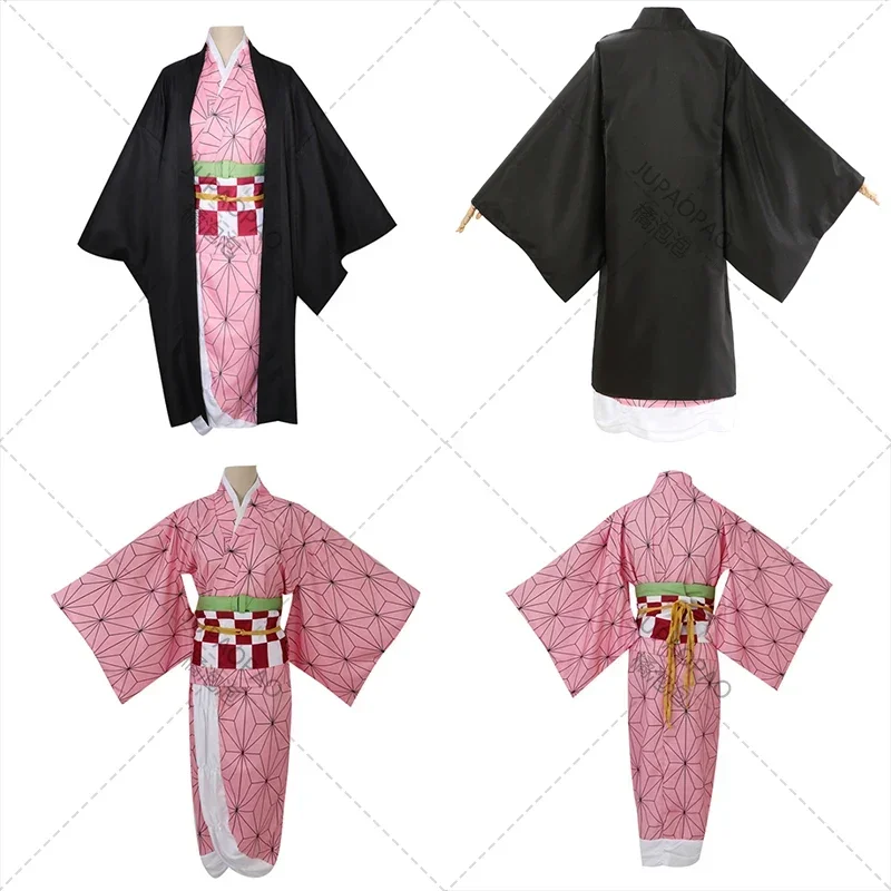 Anime Kamado Nezuko Cosplay Costume Demon Slayer Cosplay Uniform Clothes Kimono Wig Props Set Halloween Costume for Kids Adult