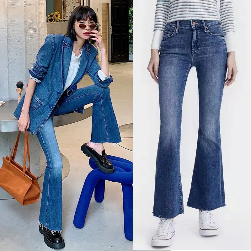 

Jeans For Women 2024 New Spring Stretch High Waist Dark Blue Slim Fit Flared Cropped Denim Pants Runway Style High Quality