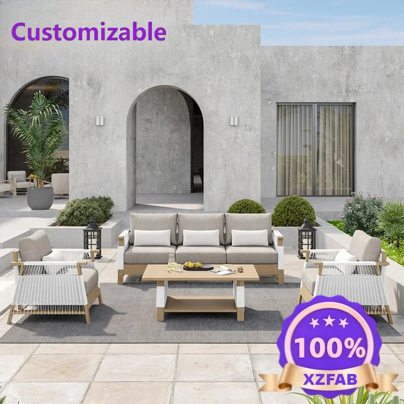 Factory Direct 2026 Outdoor sofa rattan courtyard garden preservative wood designer balcony leisure rattan chair hotel aluminum