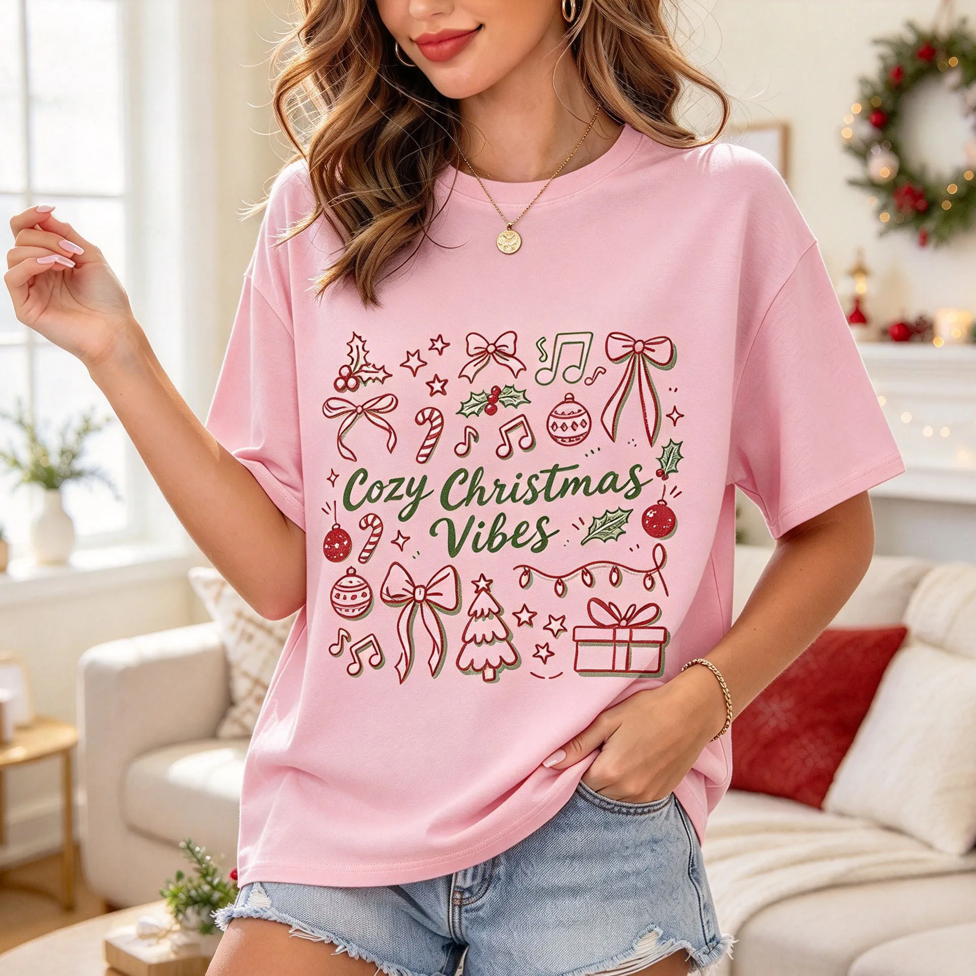 Women Cozy Christmas Vibes Doodle Holiday Elements Graphic T Shirt Cute Xmas Casual Short Sleeve Tee