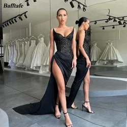 Customized Black Sequined Mermaid Prom Dresses Satin Skirt High Leg Slit Women Formal Evening Gowns Special Occasion Party Dress