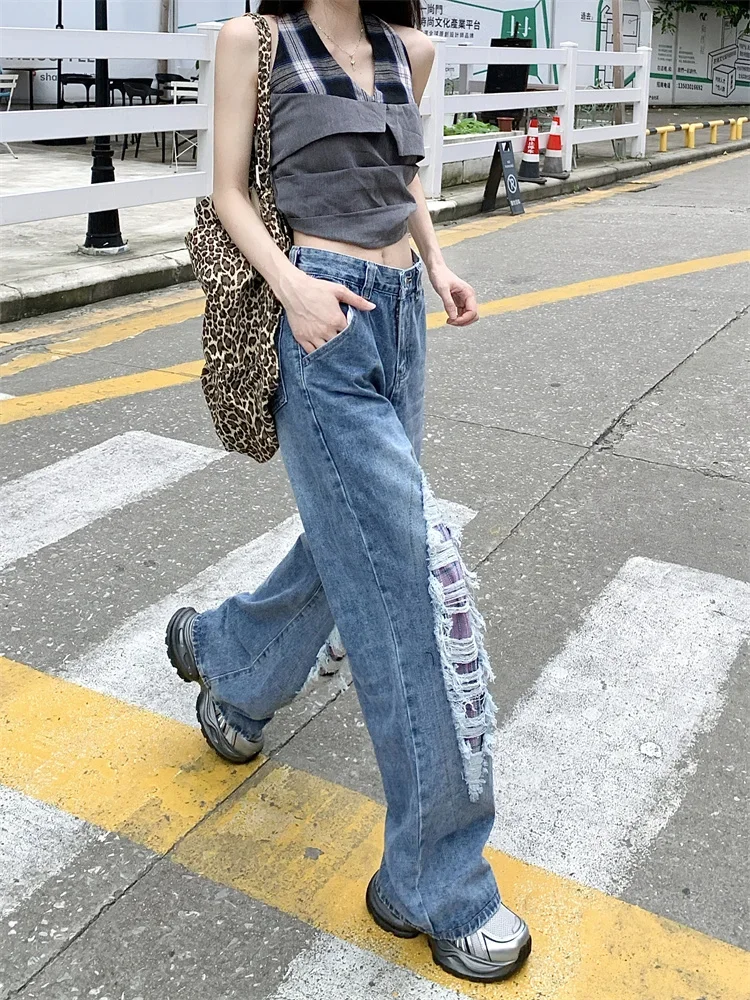 Women's Grid Patchwork Perforated Jeans Cool Girl Street Fashion Straight Distressed Pants Female High Waist Denim Trousers