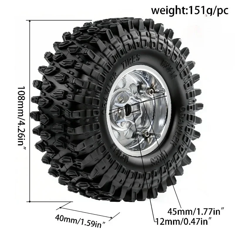 

1.9 Beadlock Wheels and Tires 108mm / 4.26'' for Trxs TRX4 Axial SCX10 II III Redcat Gen8 Gen7 12mm Hex 1/10 Crawler Upgrades