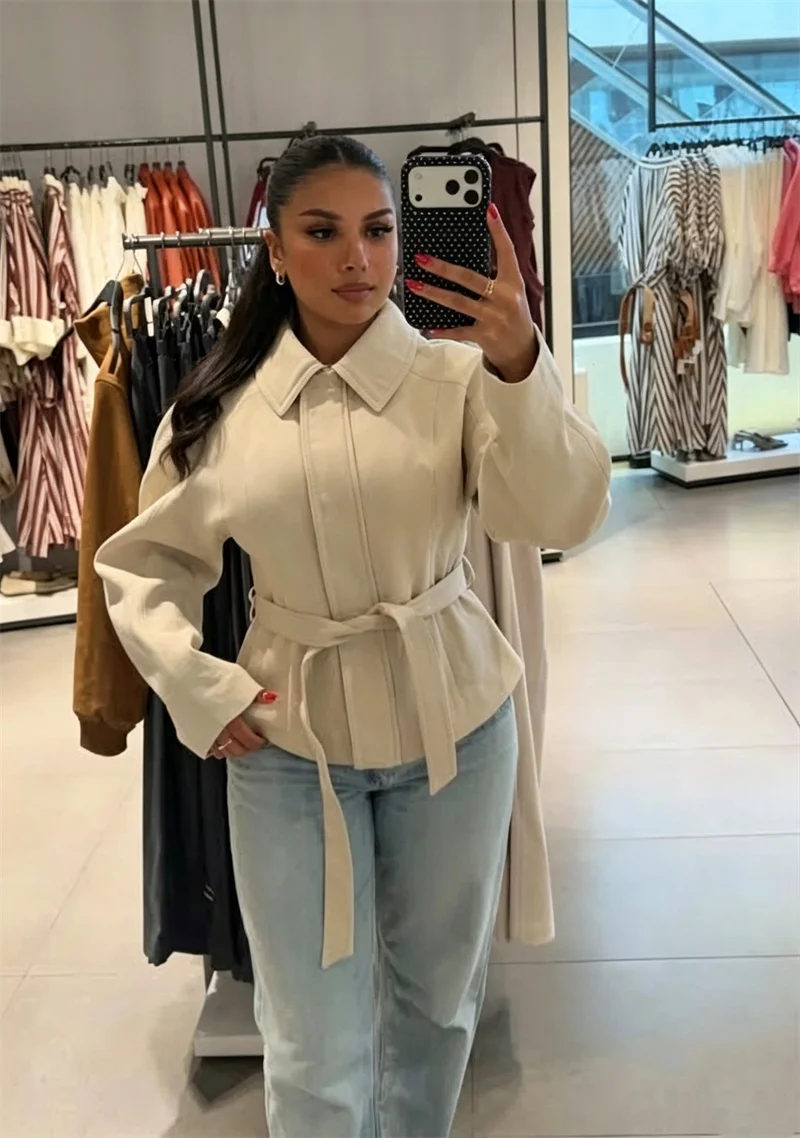 Guobioziy Women's Jacket 2026 Early Autumn New Fashionable Versatile Long-Sleeve Collared Jacket with Belt and Cropped Skirt