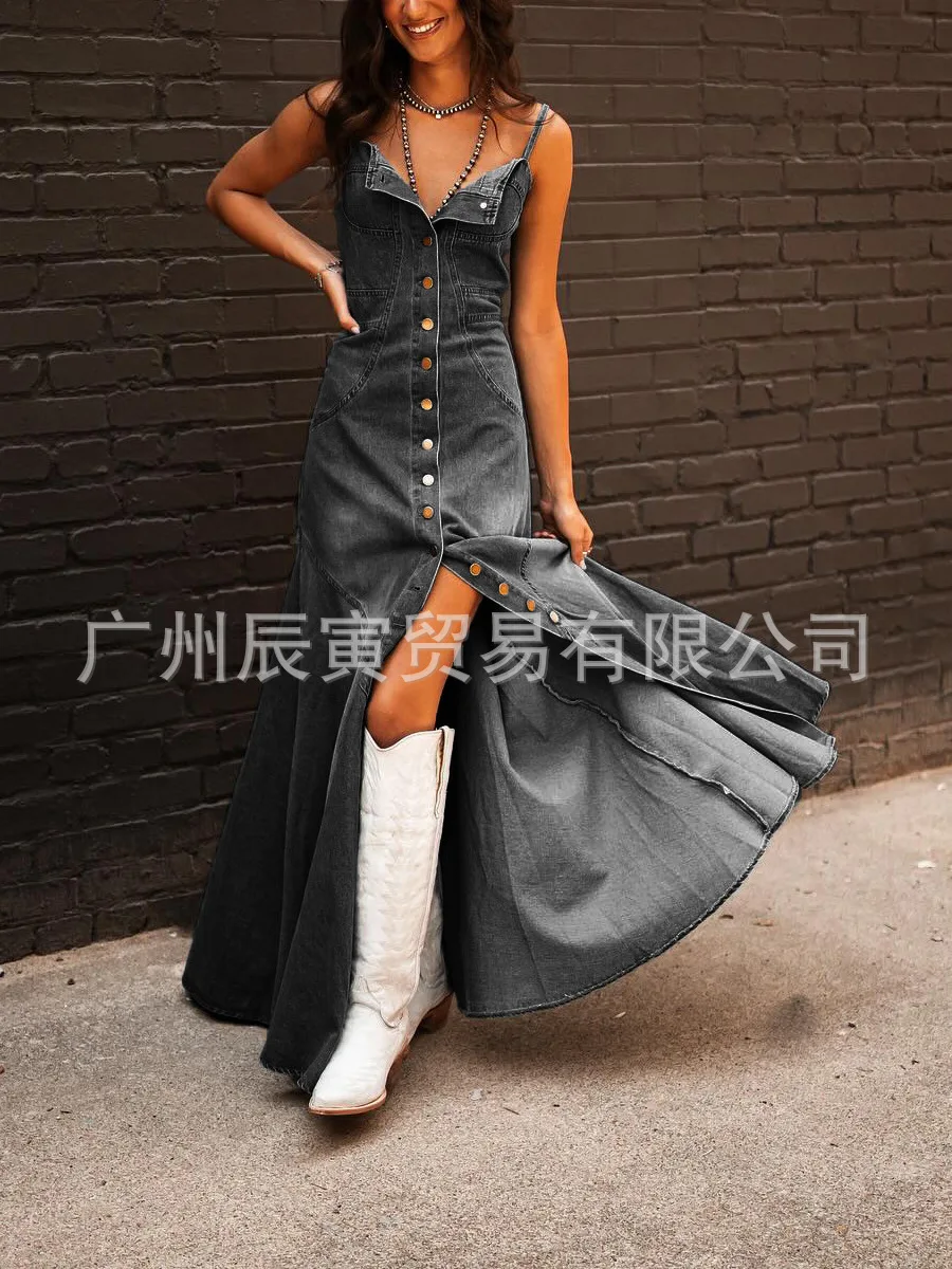 Europe and The United States Retro Wash Do Old Denim Halter Slim Single-breasted Big Swing Dress for Women\'s Summer Vestidos